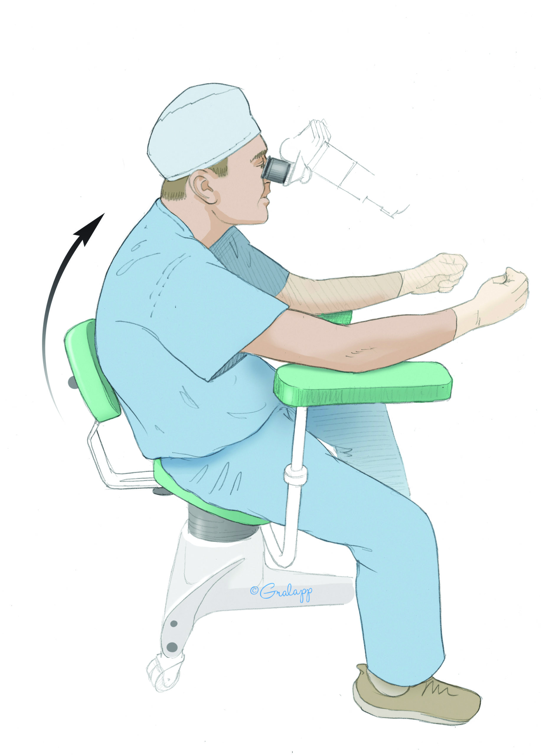 Some otologists were taught to practice the “otological slouch” because theoretically it was a relaxed posture. However, a curved back, rounded shoulders, and a flexed neck is ergonomically unsound and contributes to low back problems.