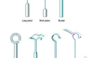 A wide variety of stapes prostheses are available. The major types are depicted here. Most common materials used are titanium, nonmagnetic stainless steel, and Teflon. Many carry the names of their inventors.
